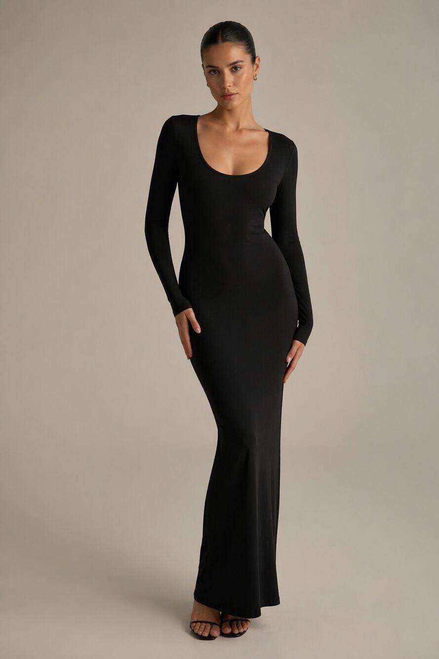 Skims Black Long Sleeve Midi Dress Womens M Bodycon Baddie Modest Minimalist